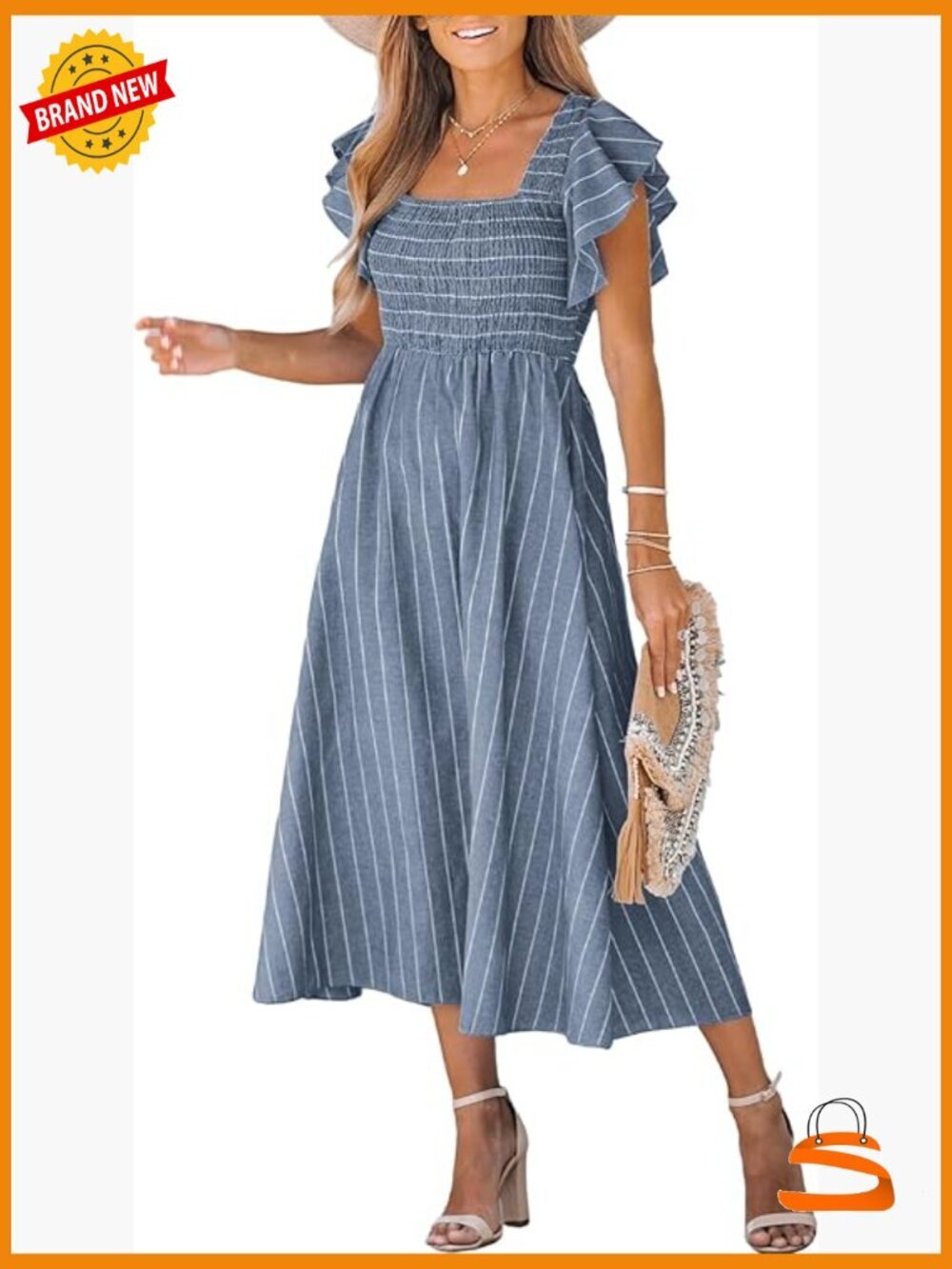 Square Neck Striped Smocked Dress Ruffle Cap Sleeves Maxi